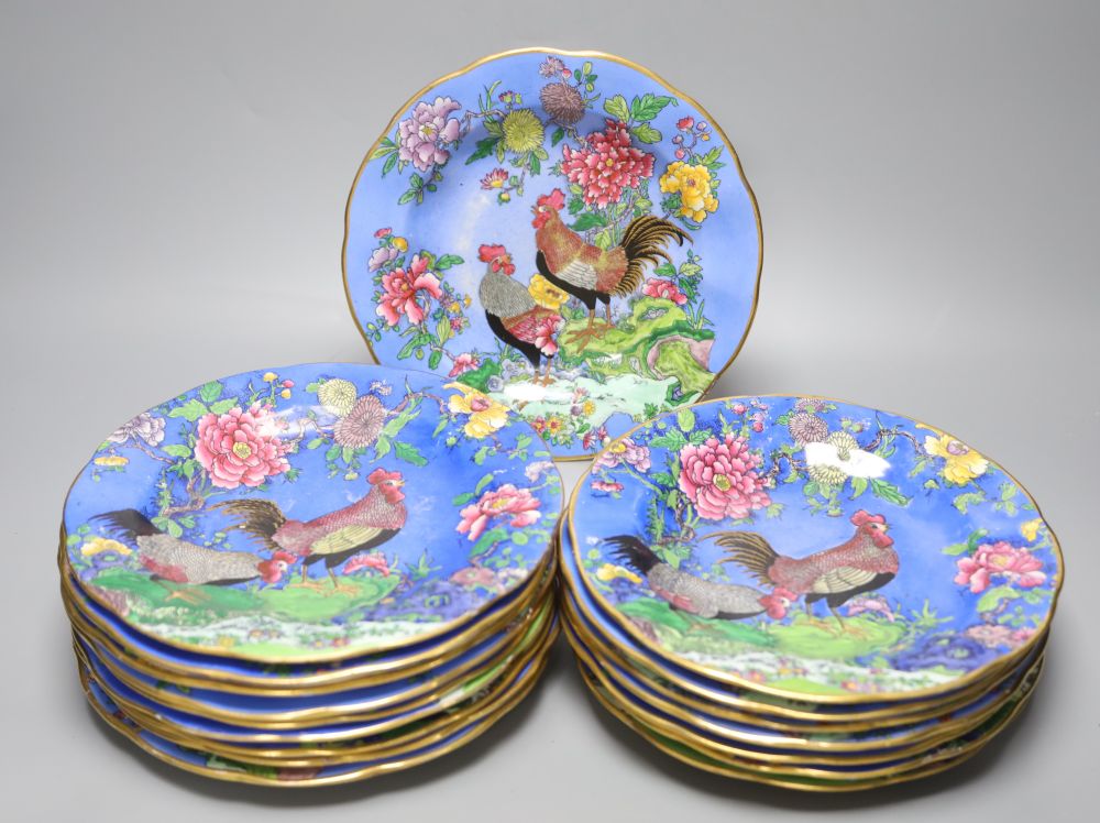 Seventeen Carlton Ware Cock & Peony cabinet plates, chinoiserie design and gilt borders (some faults)